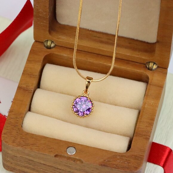 "Rose Gold Pendant with Round Purple Stone and Beaded Frame Accent, XPPT1608 - Picture 8 of 12